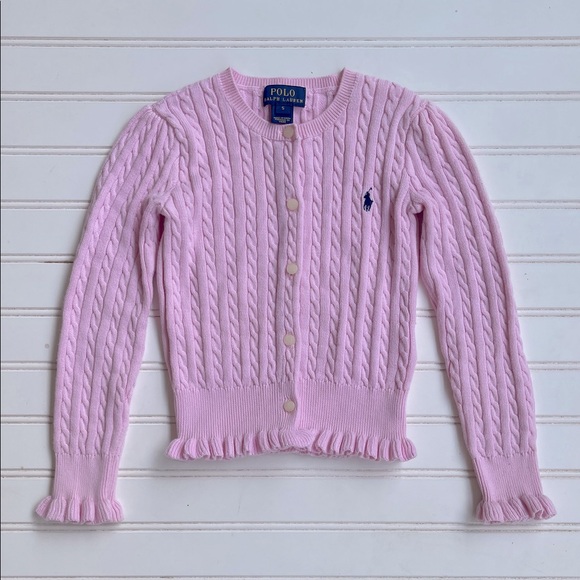POLO RALPH LAUREN EUC/LN Classic Pink Cable Knit Ruffle Cardigan Sweater - Picture 1 of 1